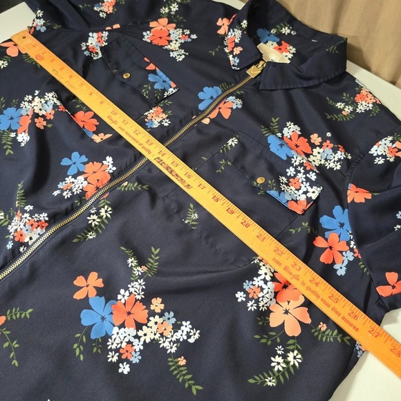 Michael Kors Blouse Womens 3X Blue Floral Zip Front Roll Tab Sleeve Office - Picture 9 of 12